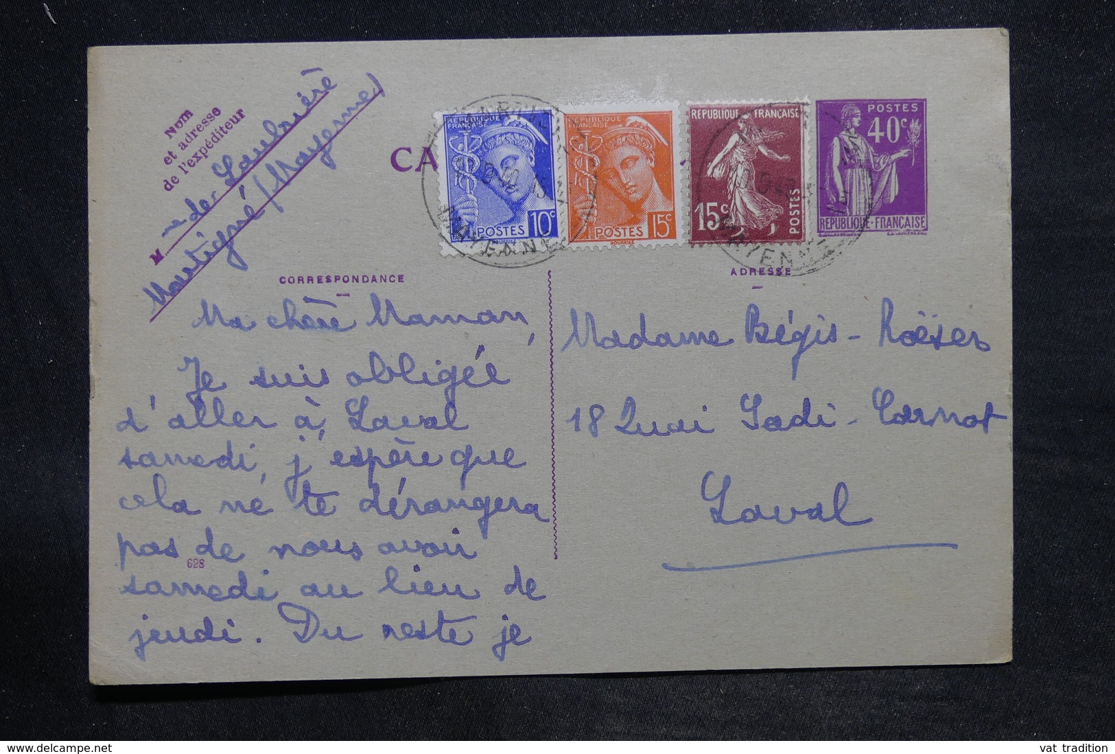 FRANCE - Entier Postal Type Paix + Compléments De Martigné Pour Laval En 1940 - L 33811 - Cartes Postales Types Et TSC (avant 1995)