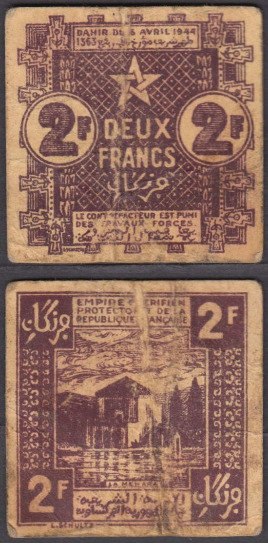 Morocco 2 Francs 1944 (F-VF) Condition Banknote P-43 - Morocco