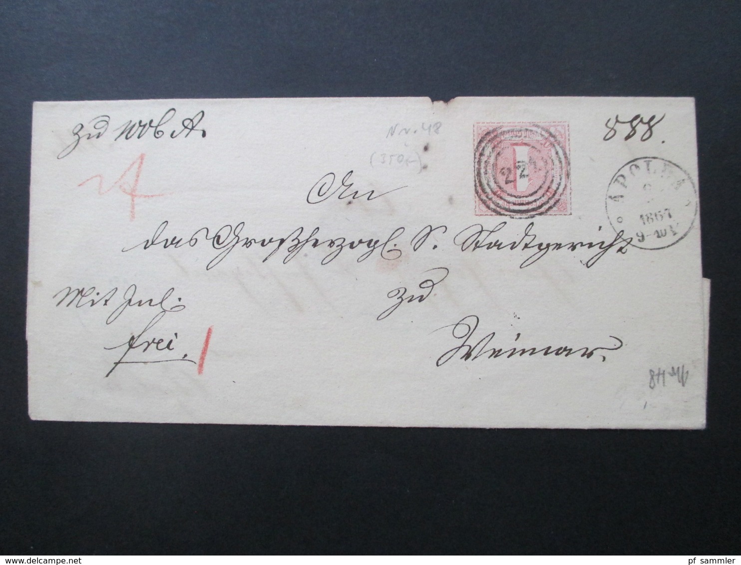 AD 1867 Thurn Und Taxis Nr. 48 EF Mit Nummernstempel 221 Und K1 Apolda. 2x Verwendeter Umschlag! - Lettres & Documents