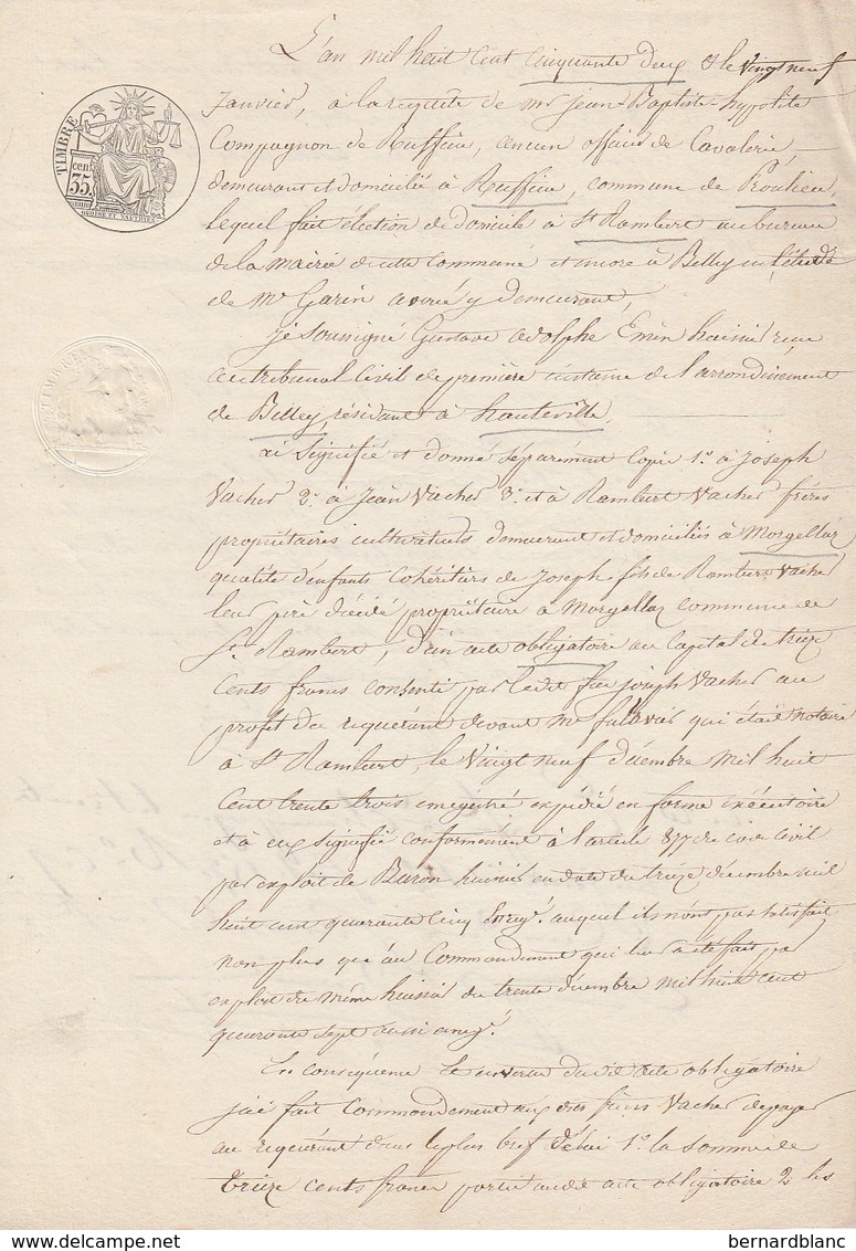 VP 1 FEUILLE - 1852 - OBLIGATION - RUFFIEU - PROULIEU - ST RAMBERT - BELLEY - HAUTEVILLE - MORGELLUR - Manuscrits