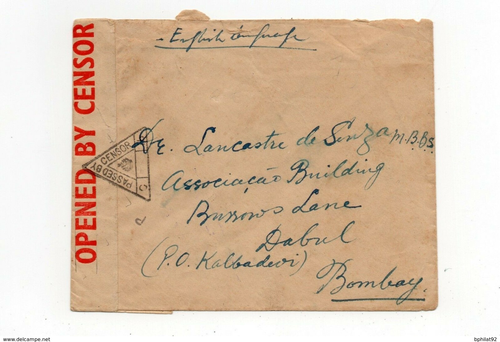 !!! PRIX FIXE : INDE PORTUGAISE, LETTRE DE 1942 POUR BOMBAY AVEC CENSURE ANGLAISE - Inde Portugaise