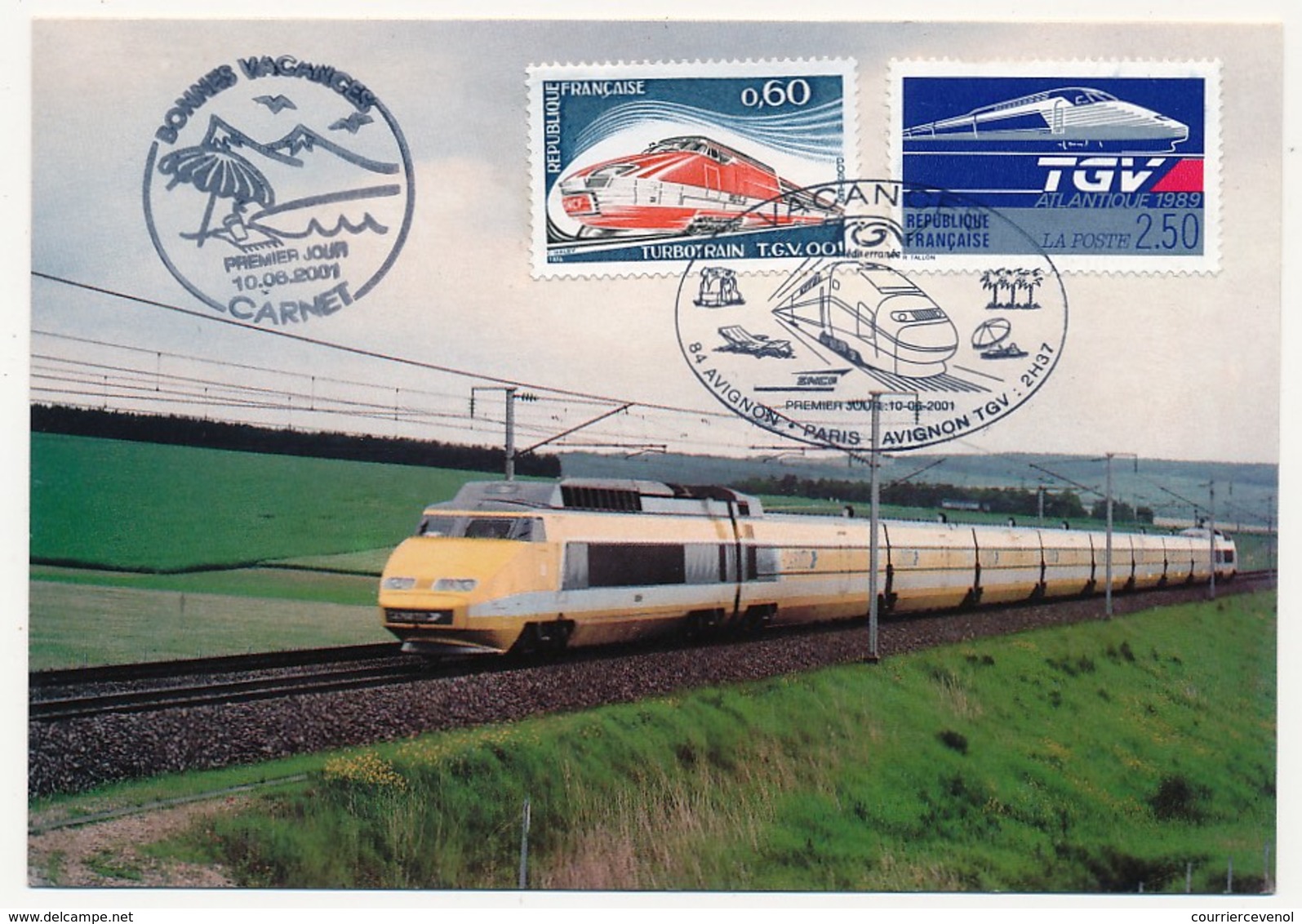 Carte Vacances TGV - Timbres Turbotrain, TGV Atlantique, Jean Vilar - Oblitérations Spéciales 2001 - Trenes