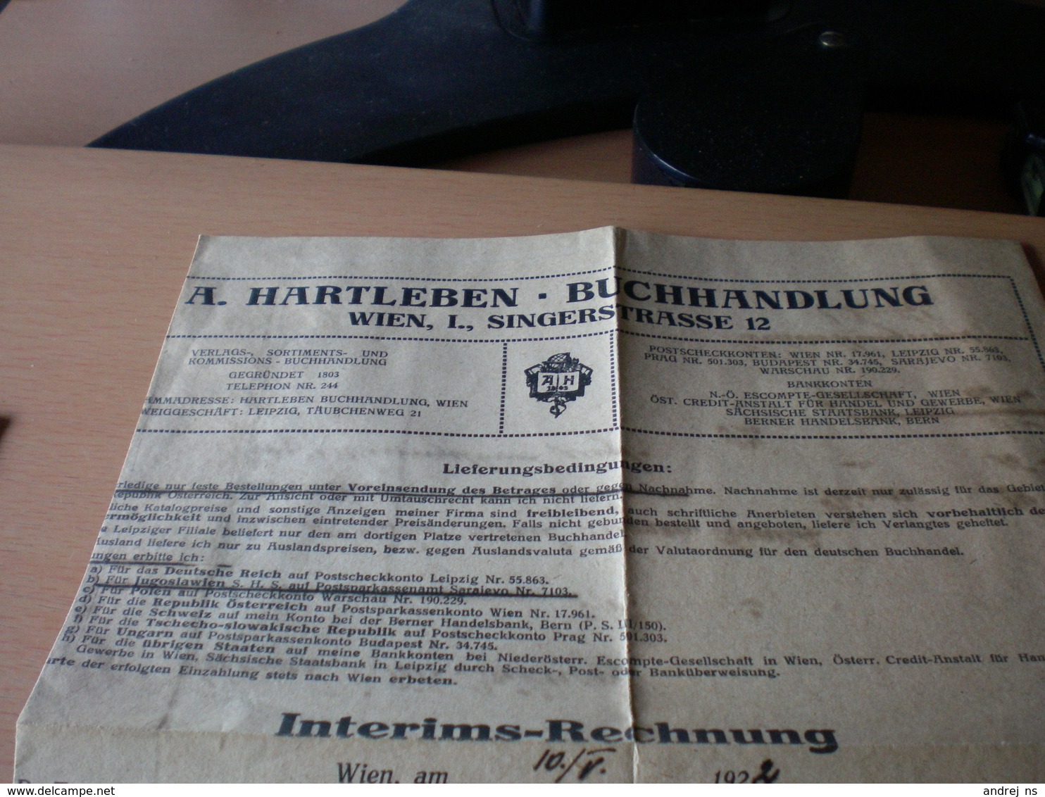 A Hartleben Buchhandlung Wien 1922 Interims Rechnung - Österreich