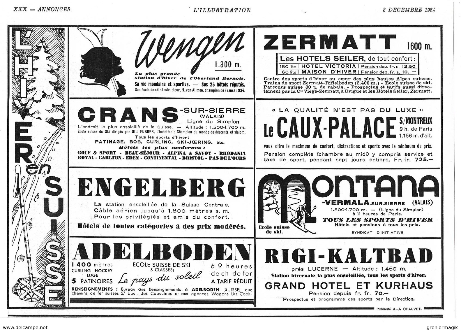 1934 L'hiver En Suisse Wengen, Zermatt, Le Caux-Palace, Engelberg, Rigi-Kaltbad, Adelboden, Montana- Publicité Tourisme - Werbung