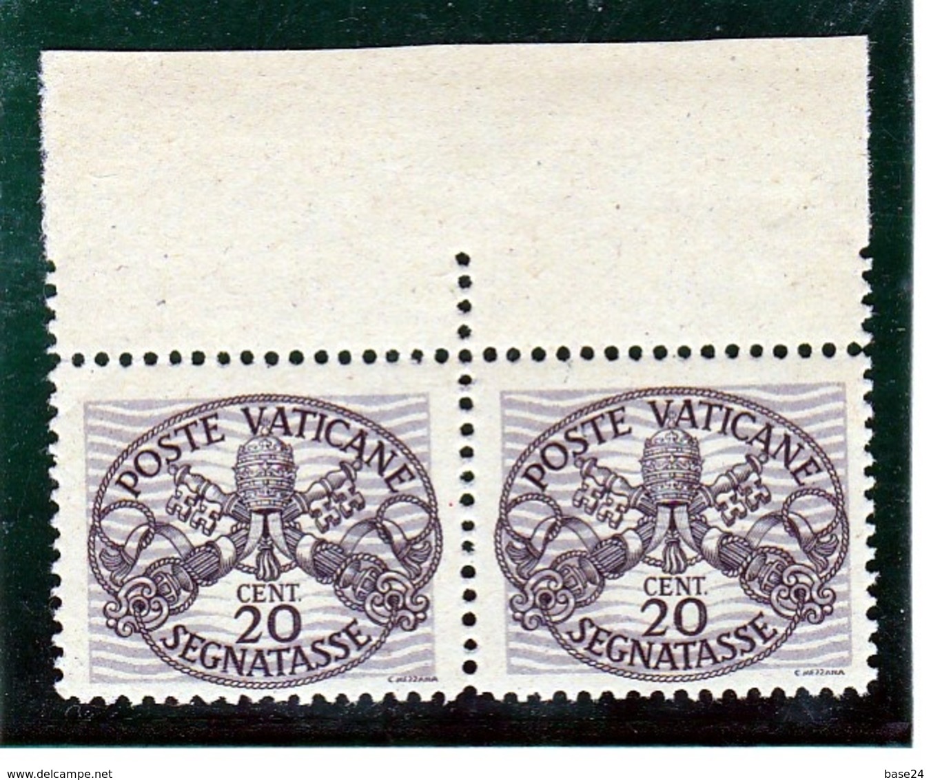 1946 Vaticano Vatican SEGNATASSE RIGHE LARGHE CARTA GRIGIA 20c (14/1) MNH** Coppia Con Bordo Firm.Biondi - Postage Due