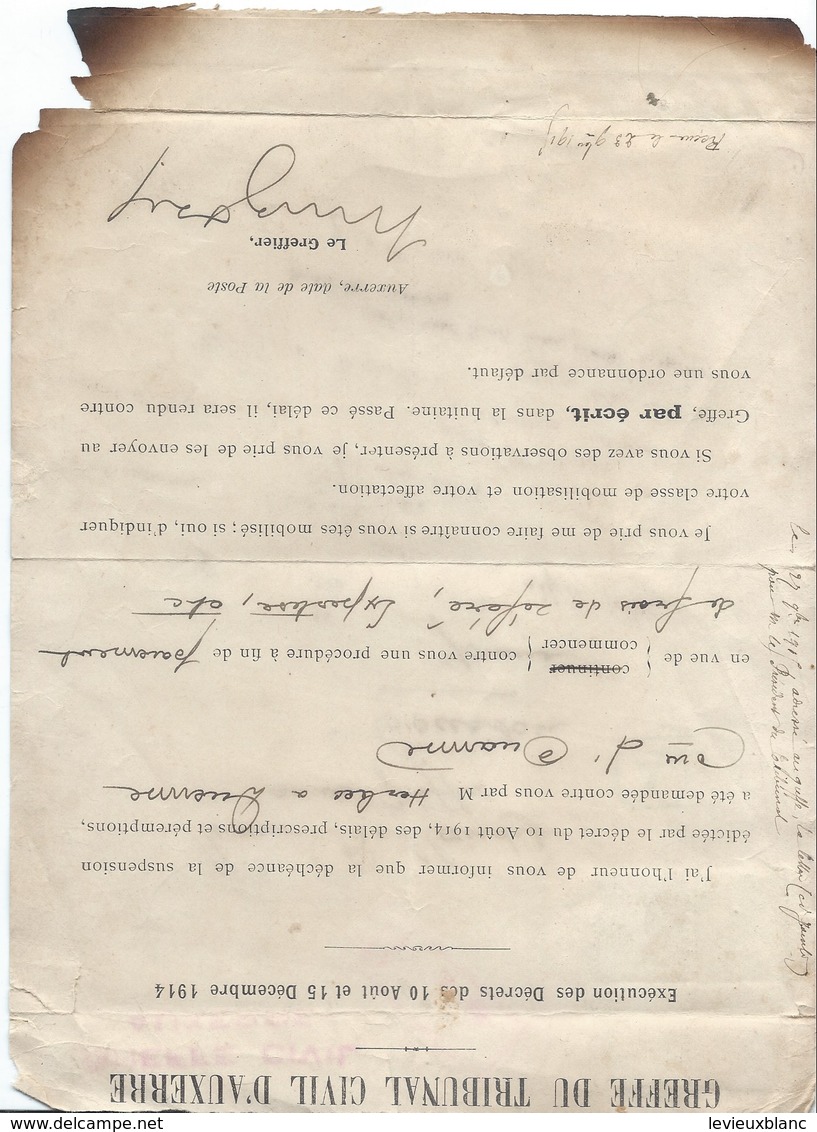 Avis /Lettre Du Greffe Du Tribunal Civil D'Auxerre//Déchéance De Suspension/Bellaudet/COURSON/ Yonne/1915     BA69 - Autres & Non Classés