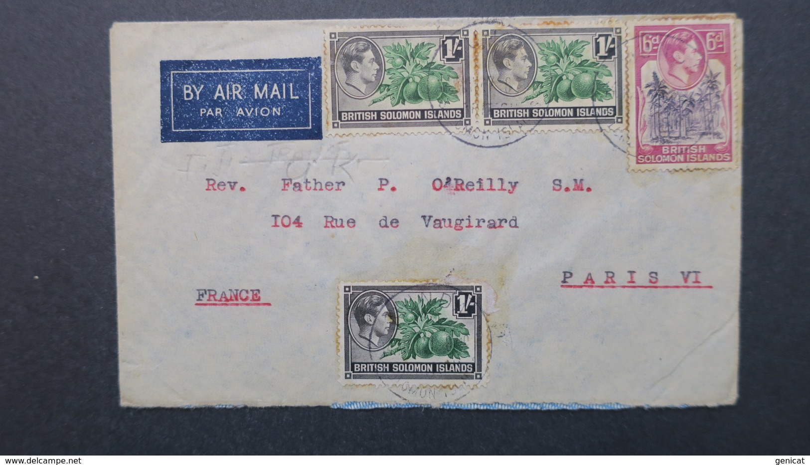 Cover From Honiara British Solomon Islands 1947 To Paris France , Lettre Iles Salomon  1947 Pour La France - Salomon (Iles 1978-...)