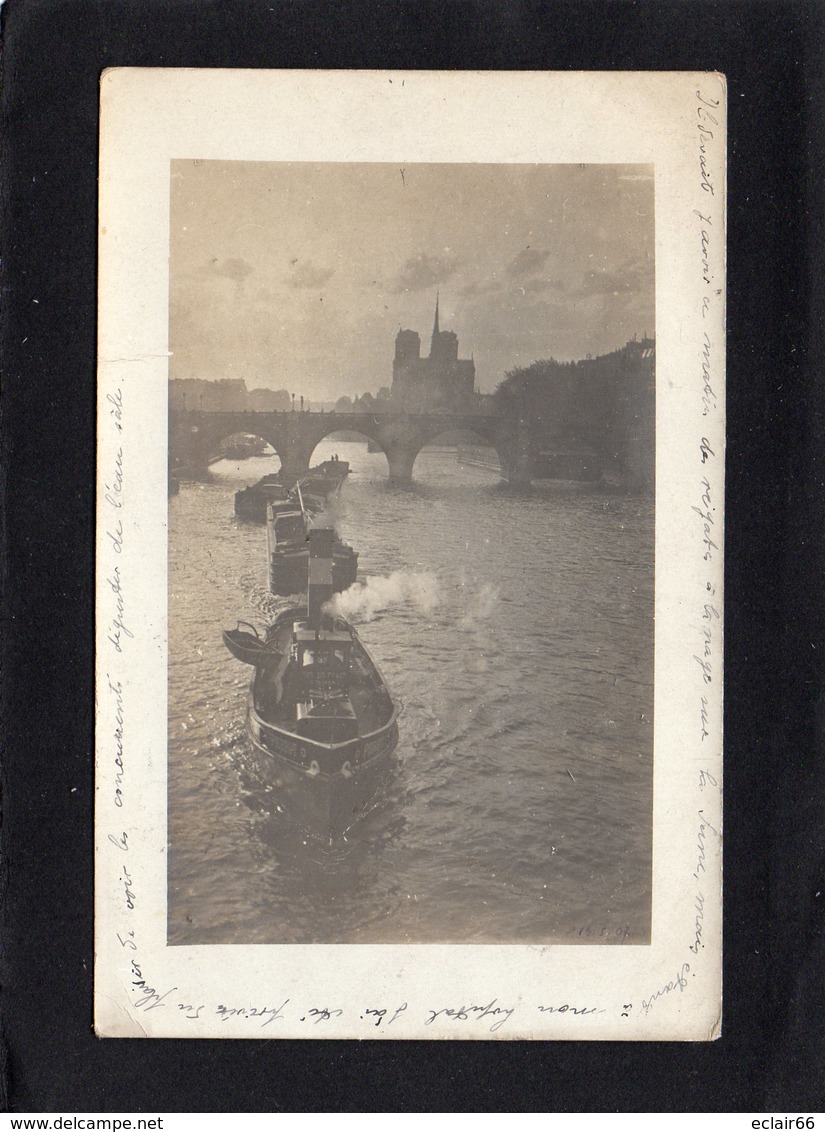 Paris 75 - Bâteau Remorqueur  Sur La Seine  Tirant  Péniches - Carte Photo Année 1907 Sépia - Tugboats