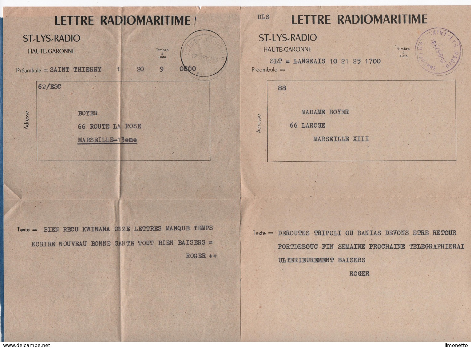 Lettre Radiomaritime - St-Lys-Radio - 2 Documents  ( 1957 Et 19.. ? )  Format 24 X 15 Cms  Voir Scan - Naval Post