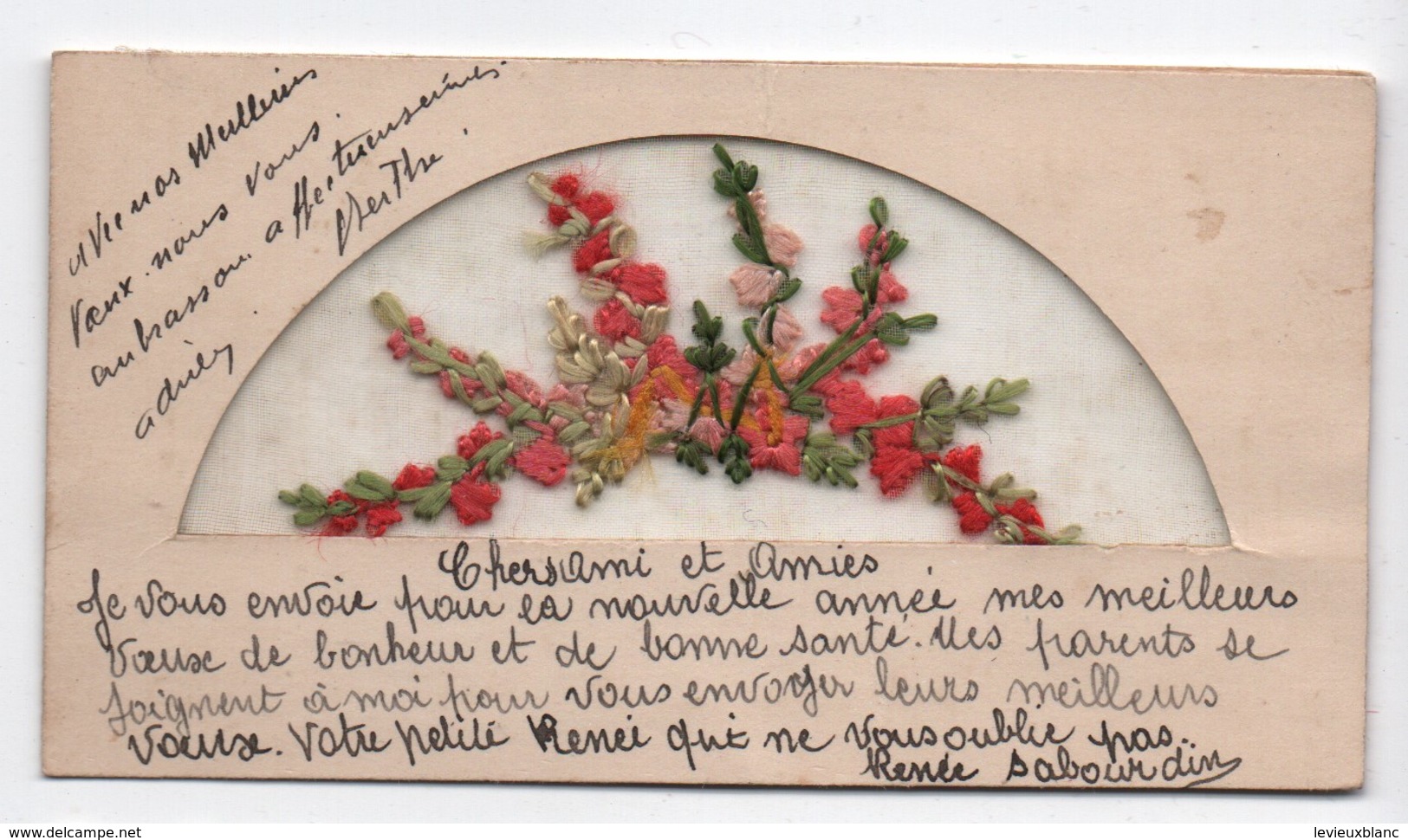 Carte De Voeux/ BONNE ANNEE/ Composition Florale  En Tissu/ Brodée Sur Tulle/Renée SABOURDIN/vers 1930     CVE149 - Neujahr