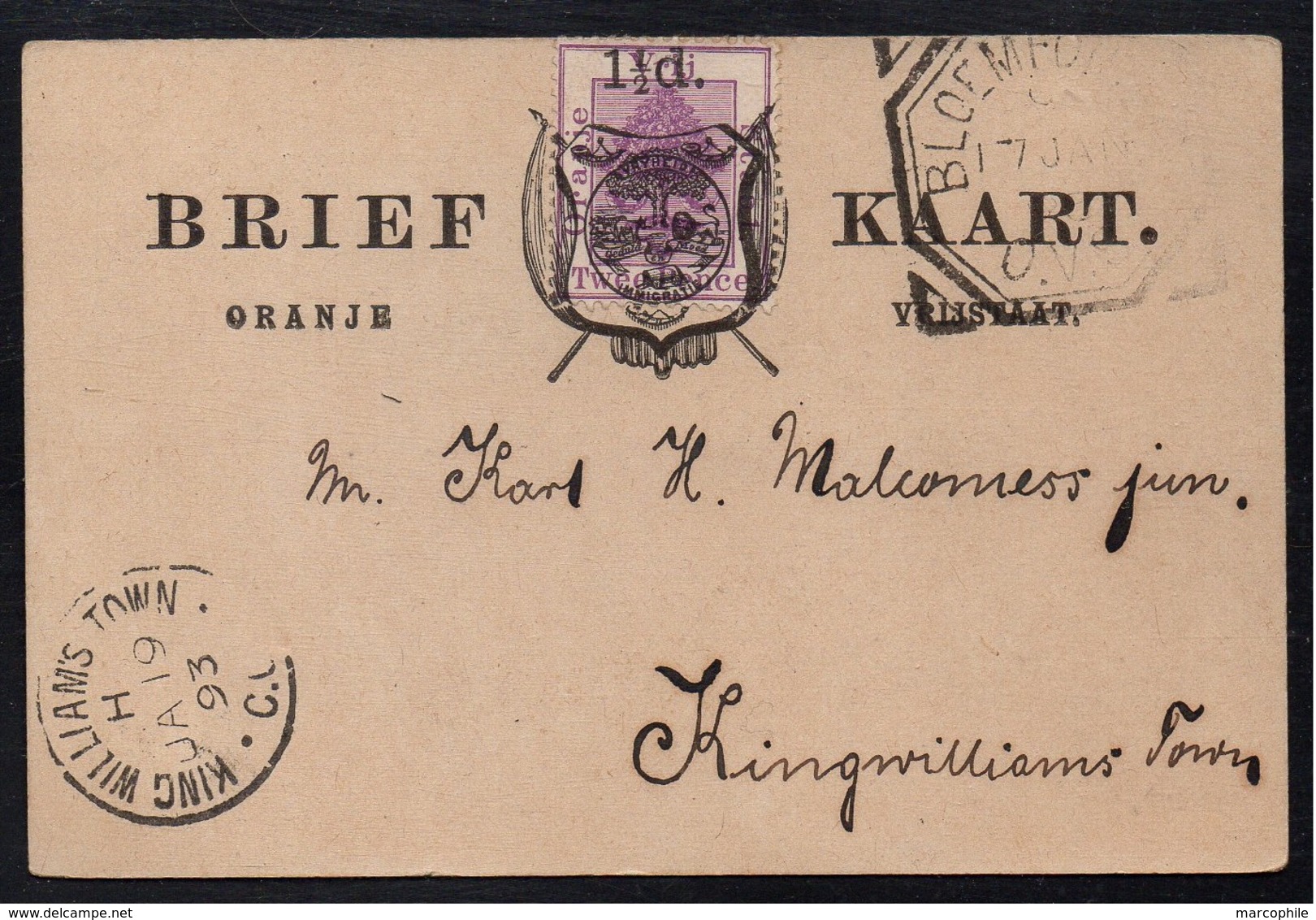 ORANGE - ORANJE - BLOEMFONTEIN / 1893 CARTE POSTALE POUR KING WILLIAMS TOWN (ref 7020) - État Libre D'Orange (1868-1909)