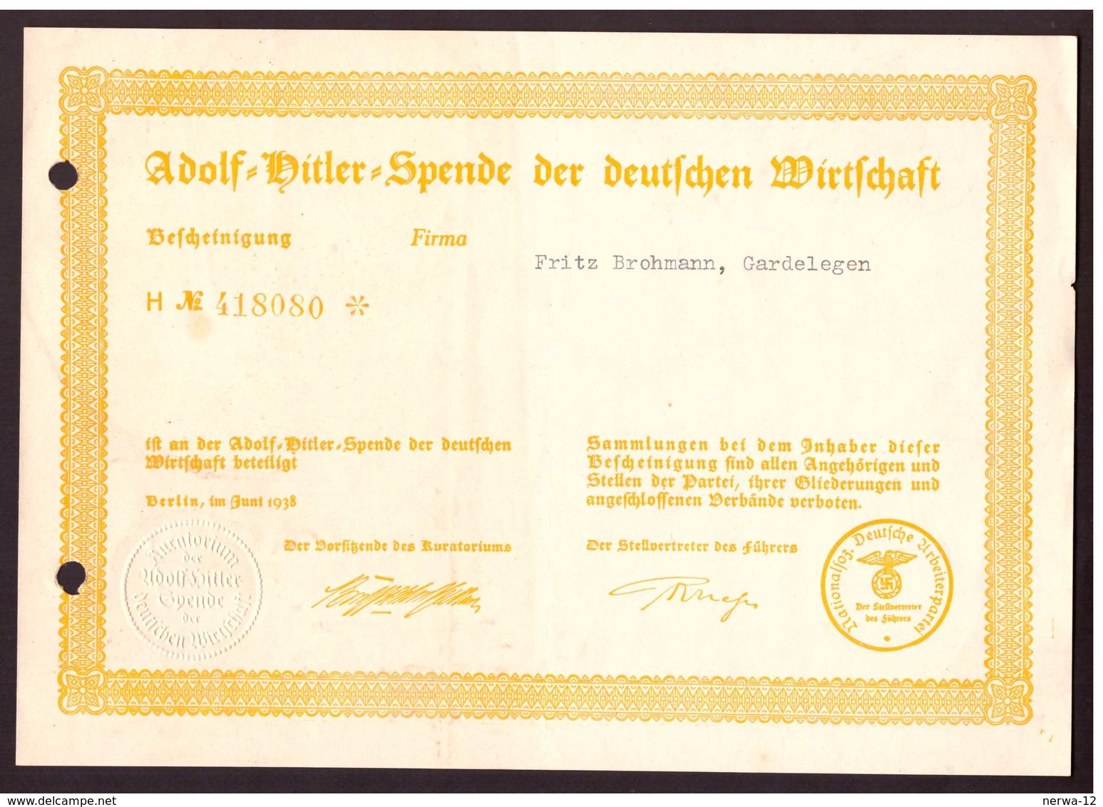 Adolf-Hitler-Spende Der Deutschen Wirtschaft (DIN A 4 Blatt) - Dokumente