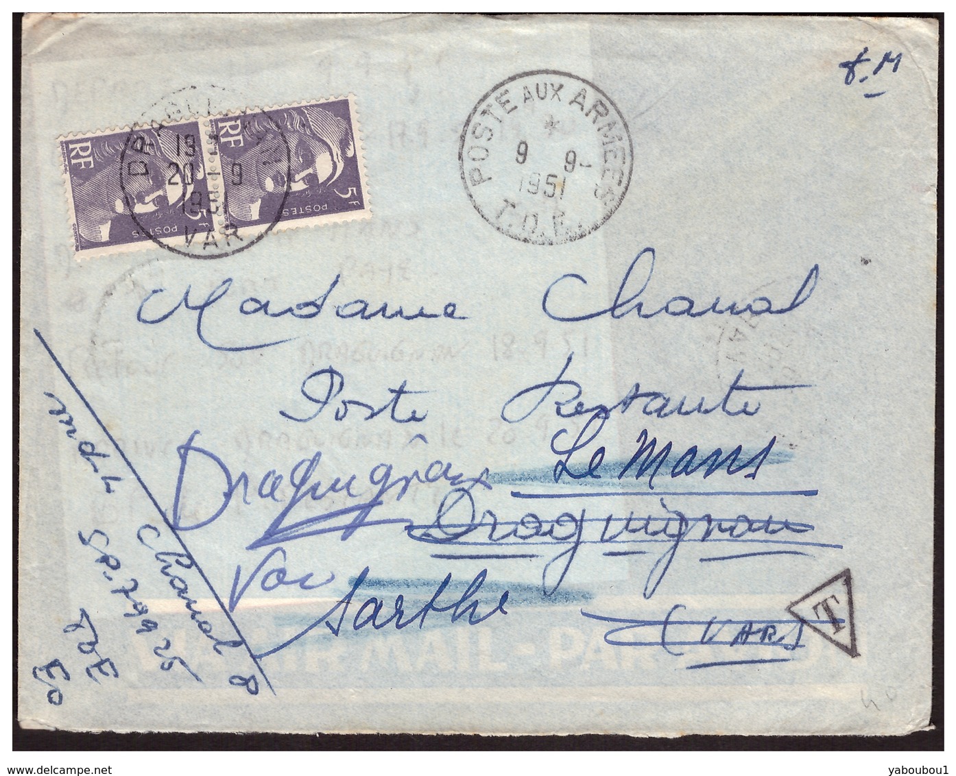 Gandon N° 883 En Paire Utilisés Comme Timbres Taxe 10frs Poste Restante Sur Lettre En FM Pour DRAGUIGNAN Du 9.9.51. - Lettres & Documents