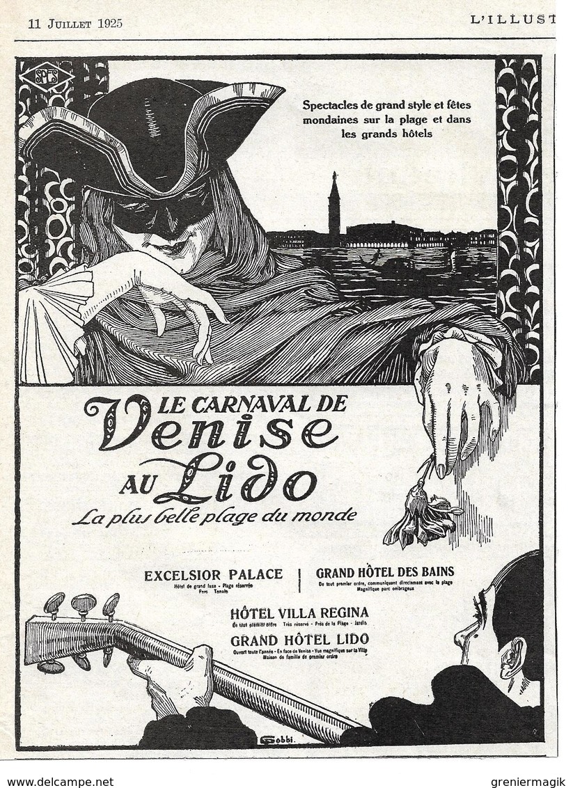 1925 Le Carnaval De Venise Au Lido Illustrateur Gobbi - Excelsior Palace, Hôtel Villa Regina...- Publicité - Publicités