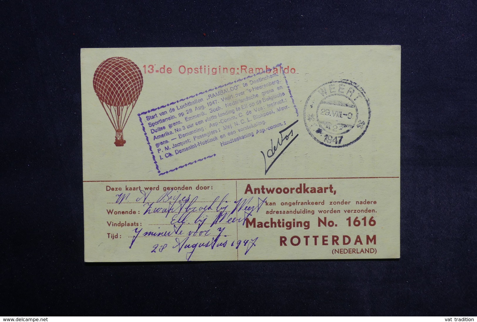 PAYS BAS - Carte Postale Par Ballon En 1947 , Cachet Plaisant , Signature Du Pilote - L 33871 - Brieven En Documenten