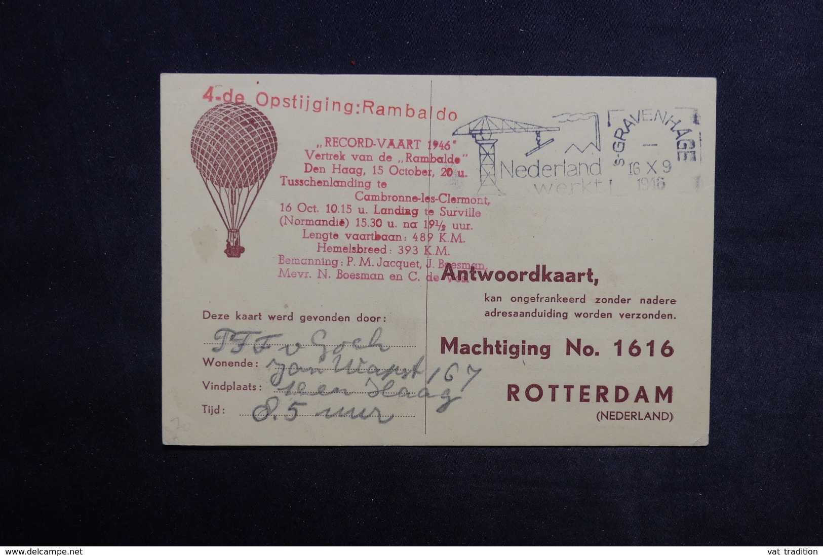 PAYS BAS - Carte Postale Par Ballon En 1946 , Cachet Plaisant  - L 33872 - Brieven En Documenten