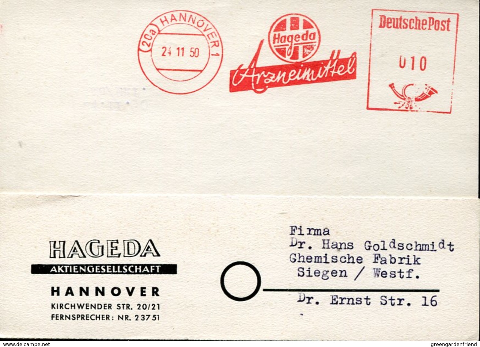 45889 Germany, Red Meter Freistempel Ema, 1950 Hannover  Arzneimittels, Medecine, Pharmacy Pharmacie - Pharmacie