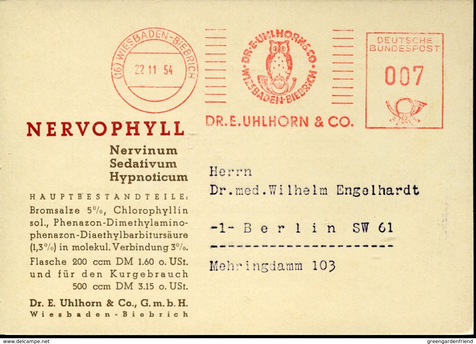 45890 Germany, Red Meter Freistempel Ema, 1954 Wiesbaden Dr. E.uhlhorn,pharmacy,eule,owl, Hibou - Gufi E Civette