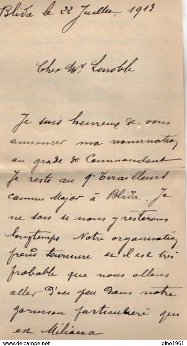 VP15.370 -  BLIDA 1913 - Lettre De Mr Le Commandant Major SAUVAGES ?? Au 9 ème Tirailleurs Algériens - Documents