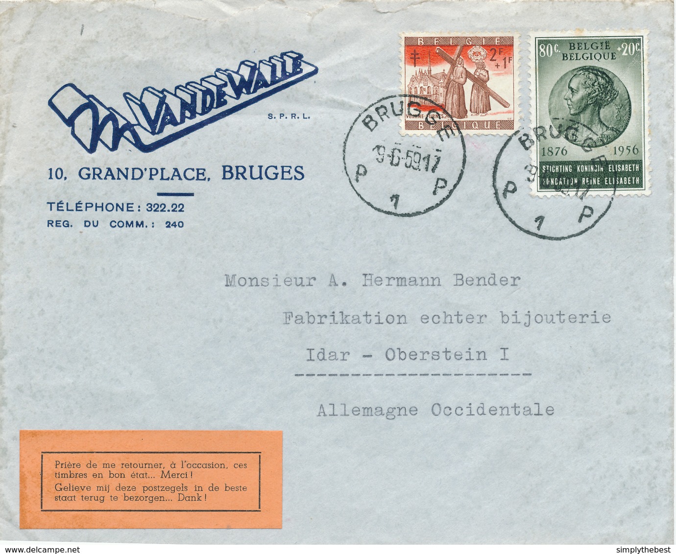 314/29 - Lettre TP 991 Et 1085 BRUGGE 1959 Vers Allemagne - COB 8 Et 6 EUR S/l. - Entete Vande Walle , BRUGES - Covers & Documents
