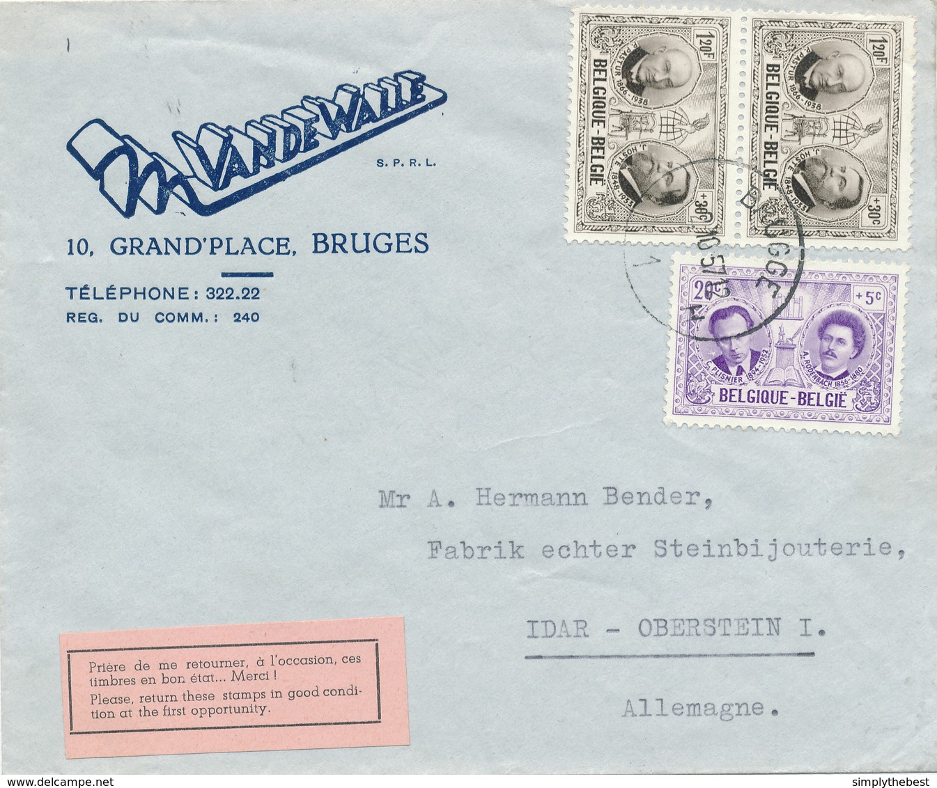 315/29 - Lettre TP 1013 Et 1015 BRUGGE 1957 Vers Allemagne - COB 7 X 2 Et 4 EUR S/l. - Entete Vande Walle , BRUGES - Covers & Documents