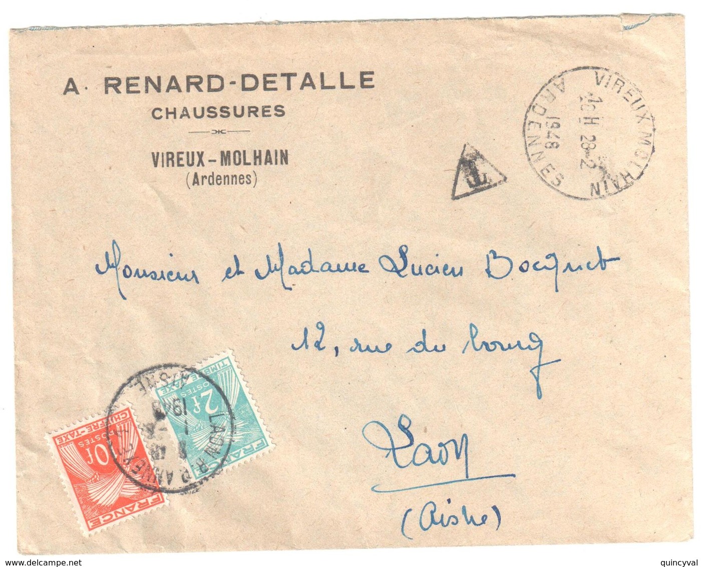 VIREUX MORLHAN Ardennes Lettre Entête Chaussure Tf  8/7/1947 6F Non Affranchie Taxe Double Insuffisance 12 F Yv T 76 82 - 1859-1959 Lettres & Documents