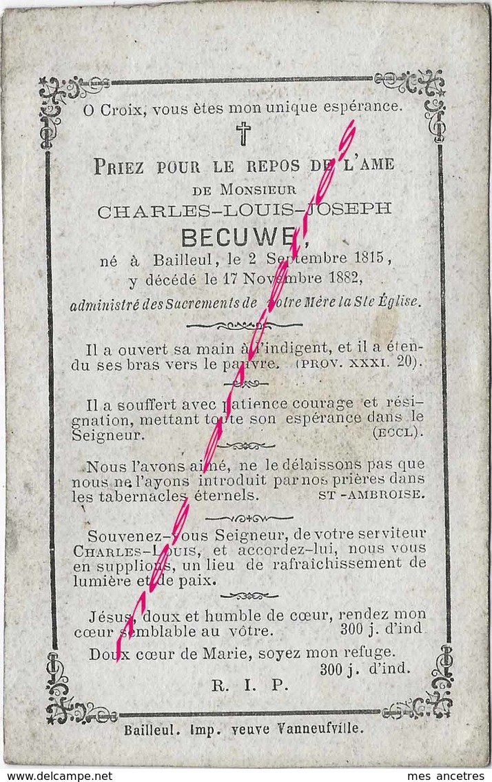 En 1882-Bailleul (59) Charles BECUWE Né En 1815 - Décès