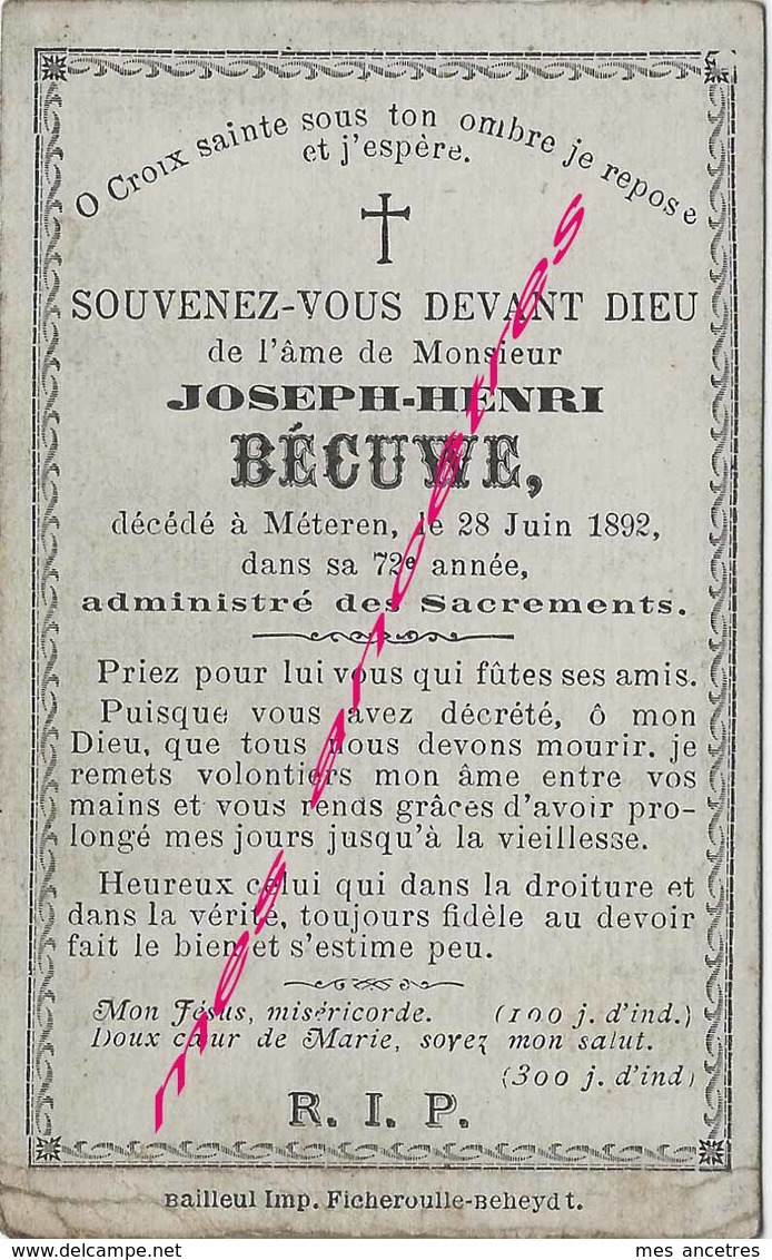 En 1892-Météren (59) Joseph  BECUWE Né En 1820 - Todesanzeige