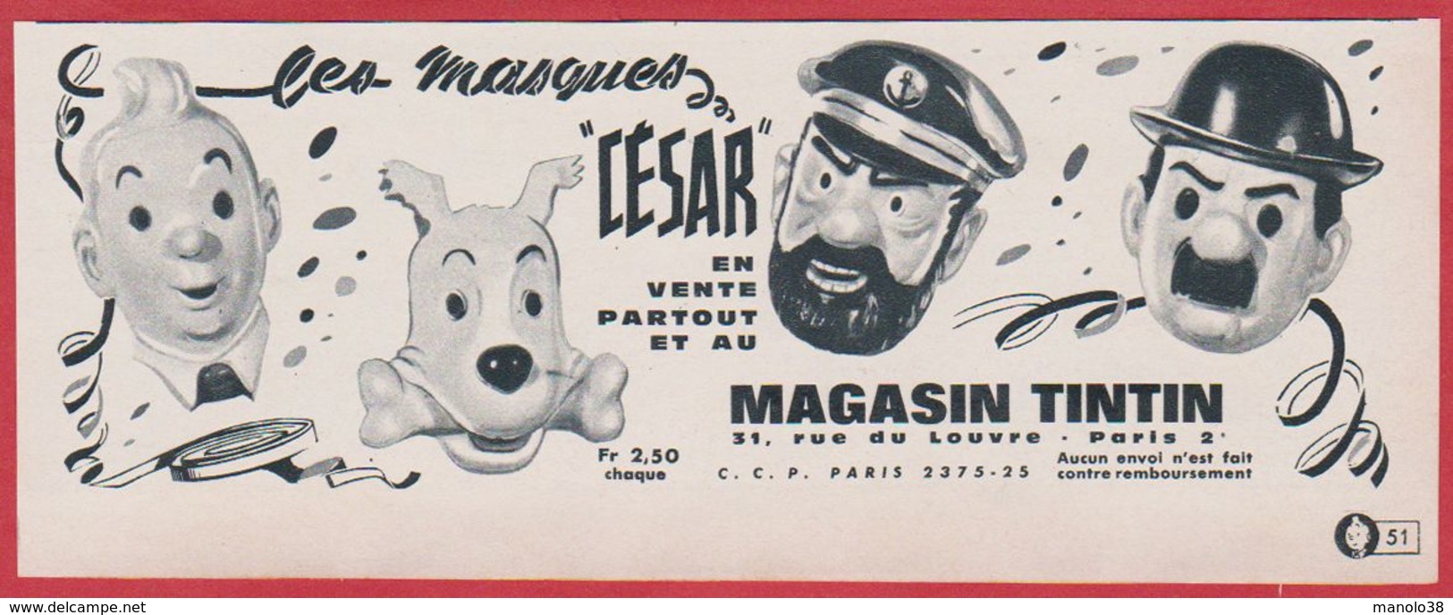 Les Masques " César ". Tintin, Milou, Le Capitaine Haddock, Dupont. Masque Enfant.  1965. - Publicités