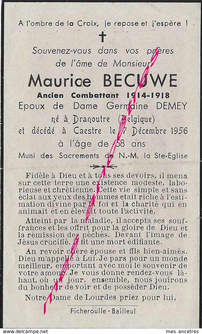 En 1959 Caestre-Dranoutre (59) Et B Maurice BECUWE ép Germaine DEMEY 58 Ans - Obituary Notices