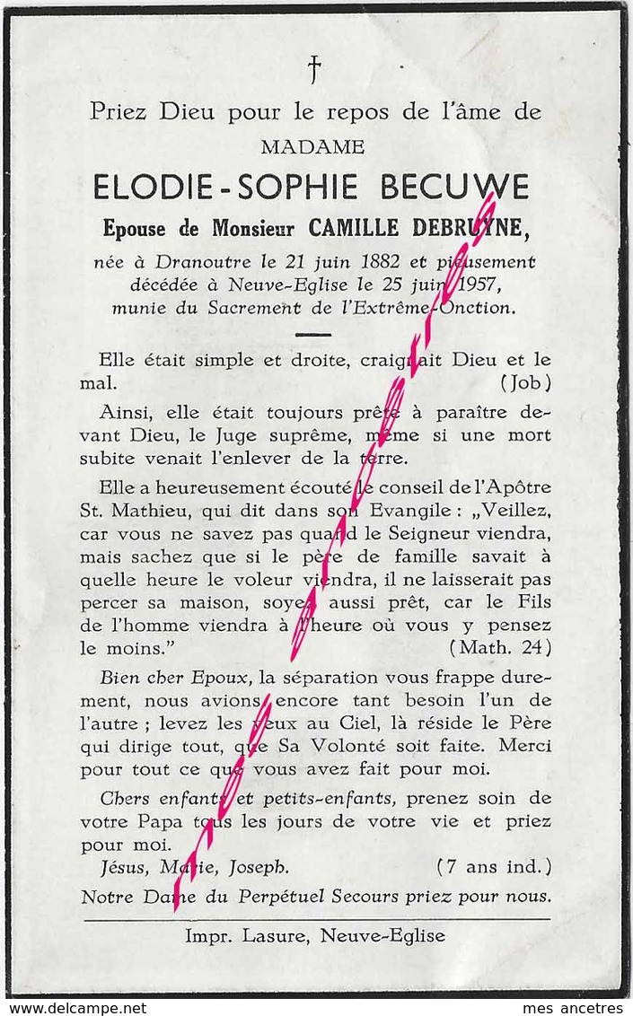 En 1959 Neuve-Eglise - -Dranoutre (59) Elodie BECUWE ép Camille DEBRUYNE Née En 1882 - Todesanzeige