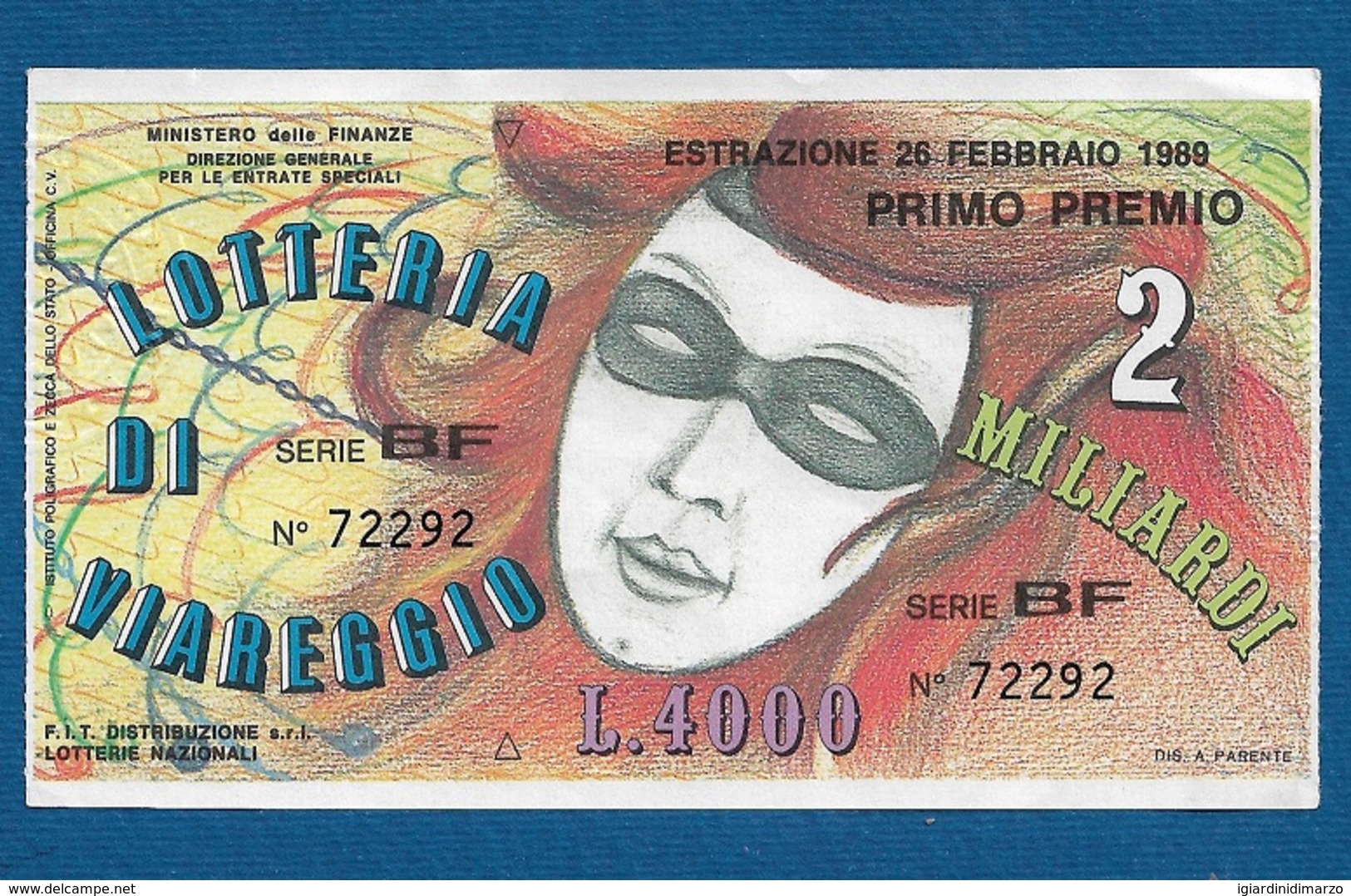 LOTTERIA DI VIAREGGIO - 1989 - Biglietto Da Lire 4000 Serie BF - In Ottime Condizioni. - Biglietti Della Lotteria