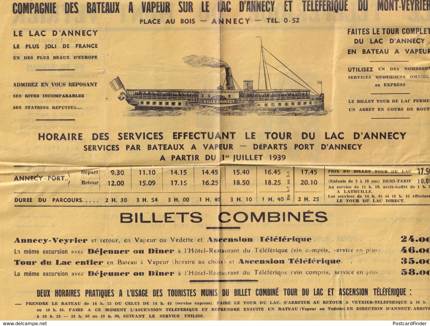 Mont Veyreir WW2 1939 French Boat Timetable Ship Guide - Tourism Brochures