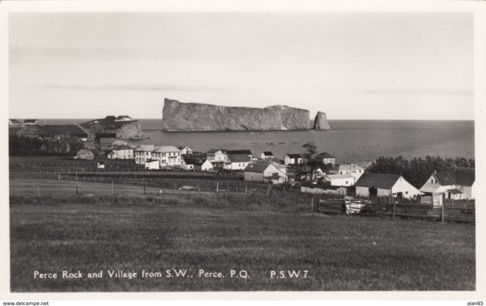 Perce Quebec Canada, Perce Rock And Village On Water, C1940s/50s Vintage Real Photo Postcard - Percé