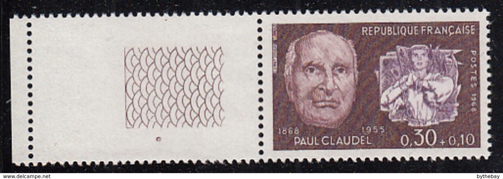 France 1968 MNH Sc B420 30c + 10c Paul Claudel Selvedge Copy - Neufs