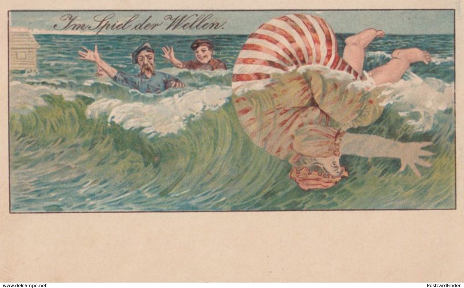 Fat Overweight Lady Diving Bomb Fallen Sea Antique German Comic Humour Postcard - Humor