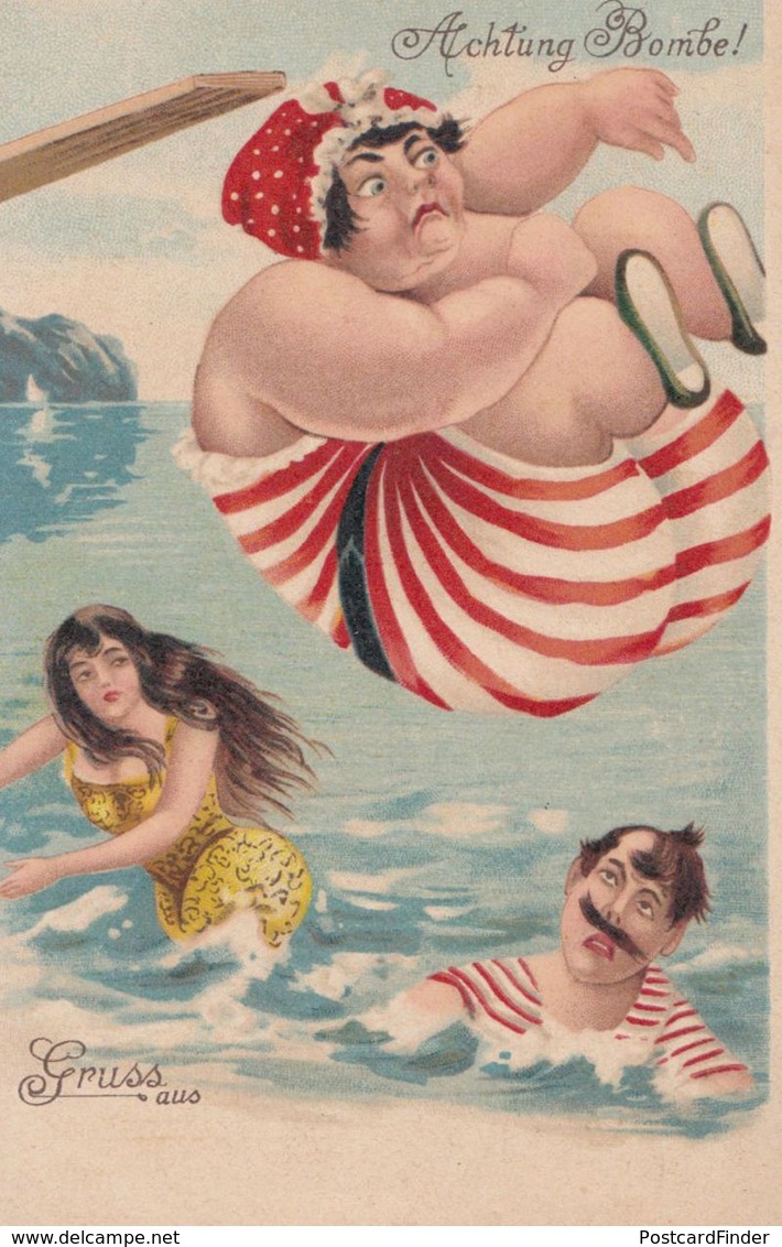 Fat Overweight Lady Diving Bomb Into Sea Antique German Comic Humour Postcard - Humour