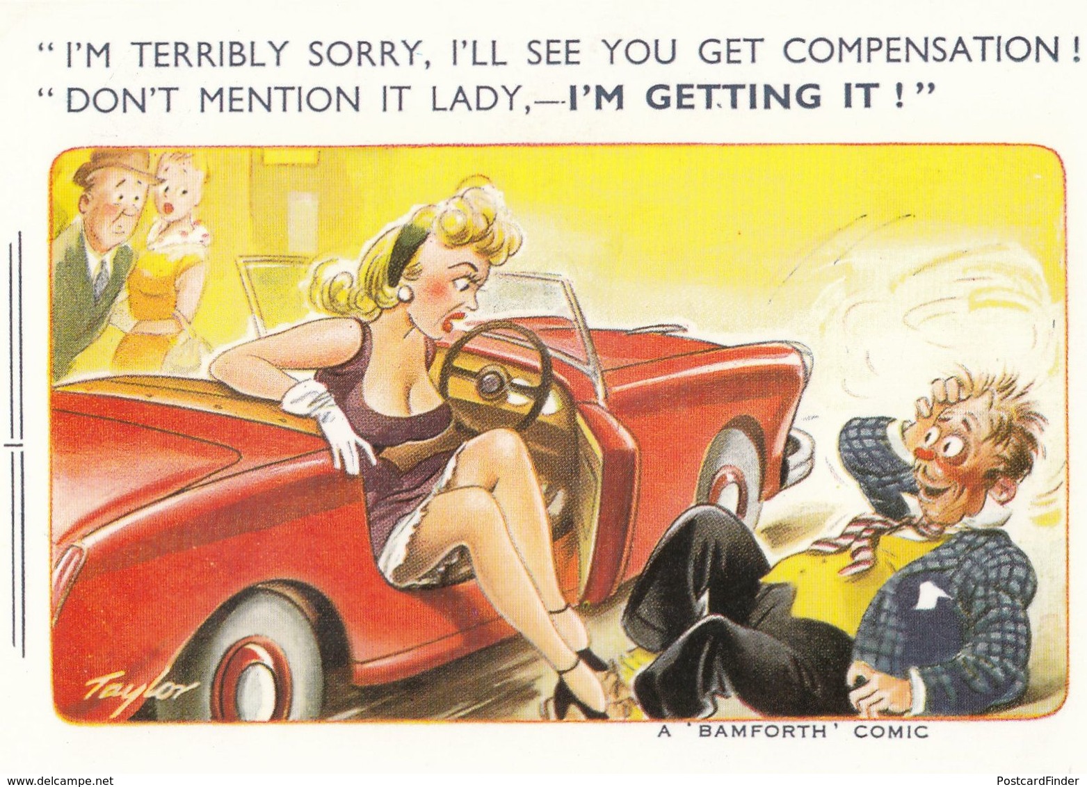 Lady Suspenders Red Classic Car Compensation Comic Humour Postcard - Humour