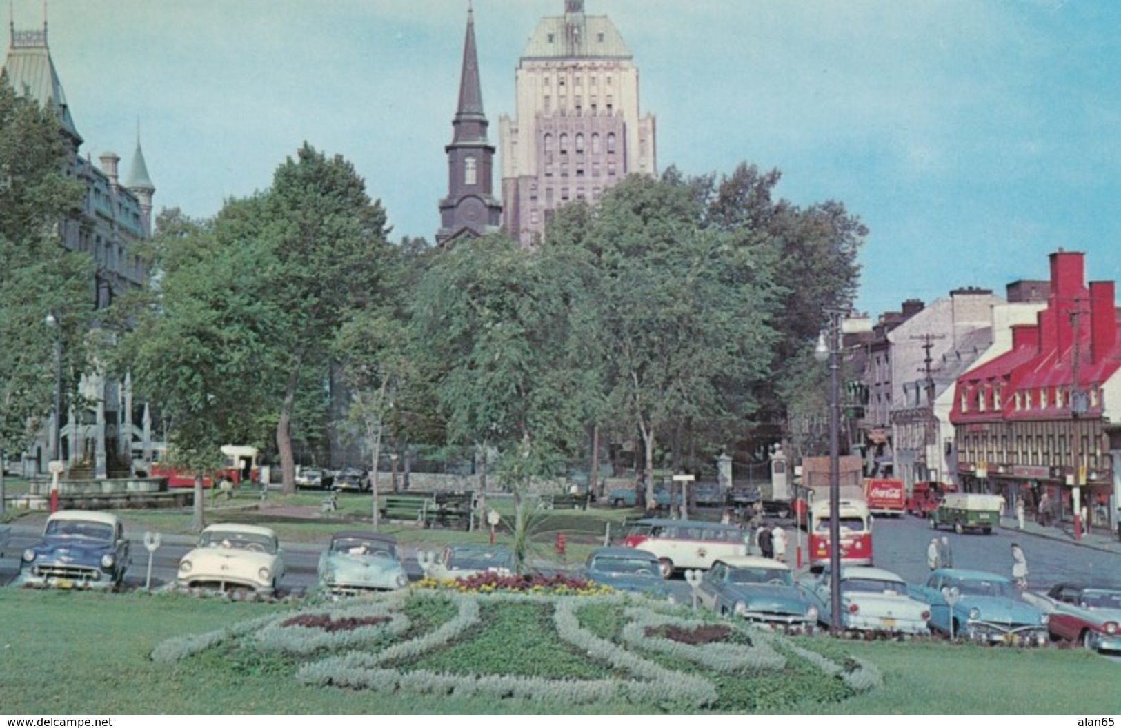 Quebec City Canada, Place D'Armes, Autos, Volkswagen Camper Van, Bus, C1950s Vintage Postcard - Québec - La Cité
