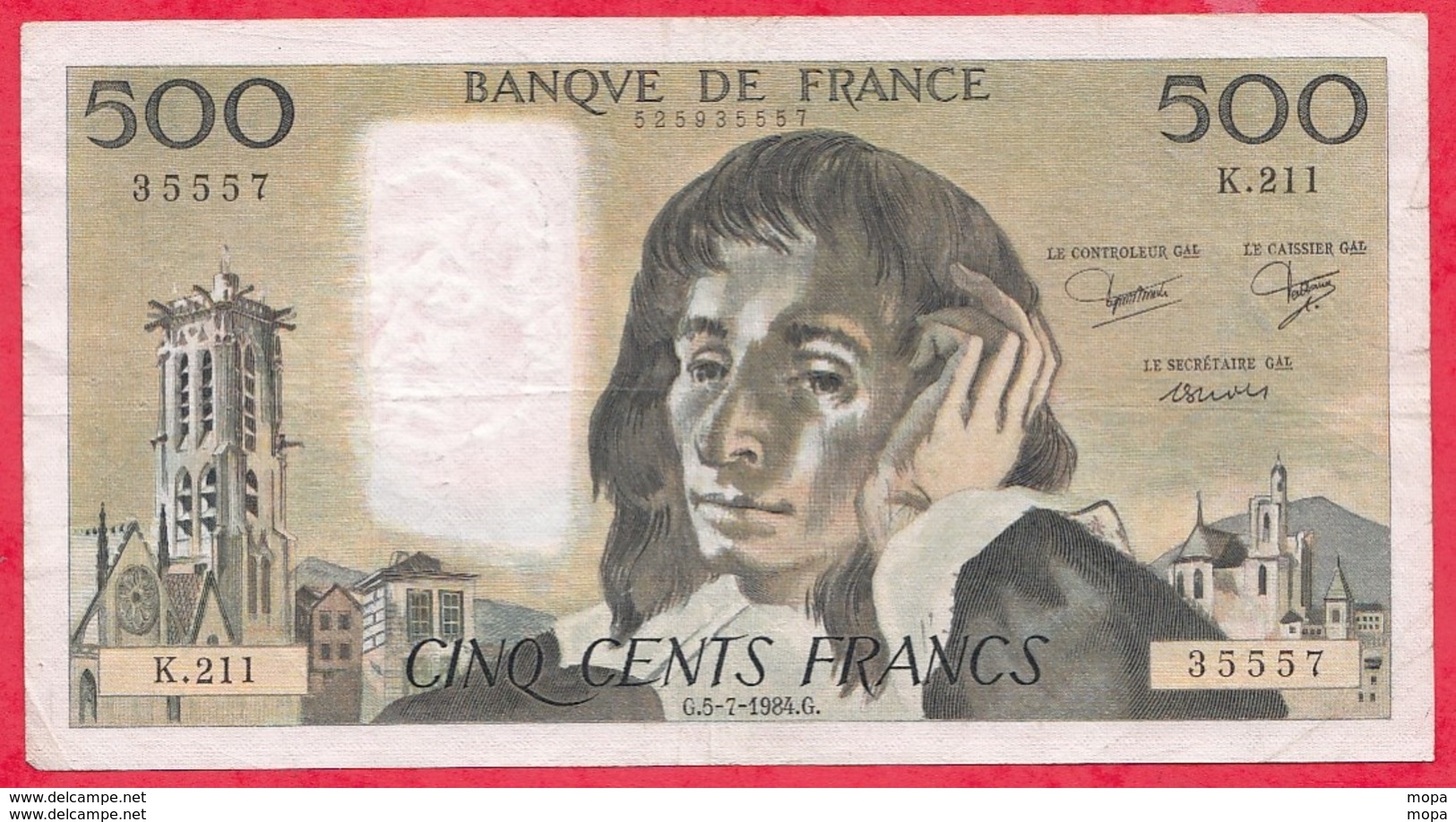 500 Francs "Pascal" Du 05/07/1984.G ----F/TTB+-----ALPH .K.211 - 500 F 1968-1993 ''Pascal''