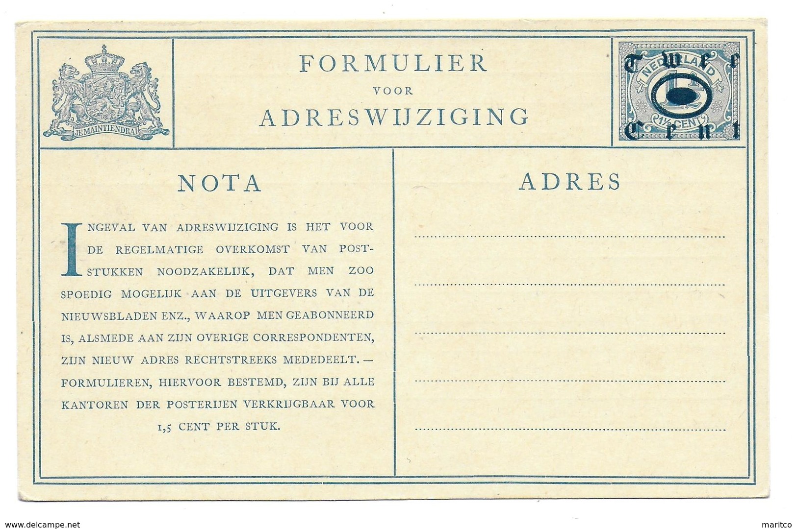 Nederland Verhuiskaart Postcard - Postwaardestukken