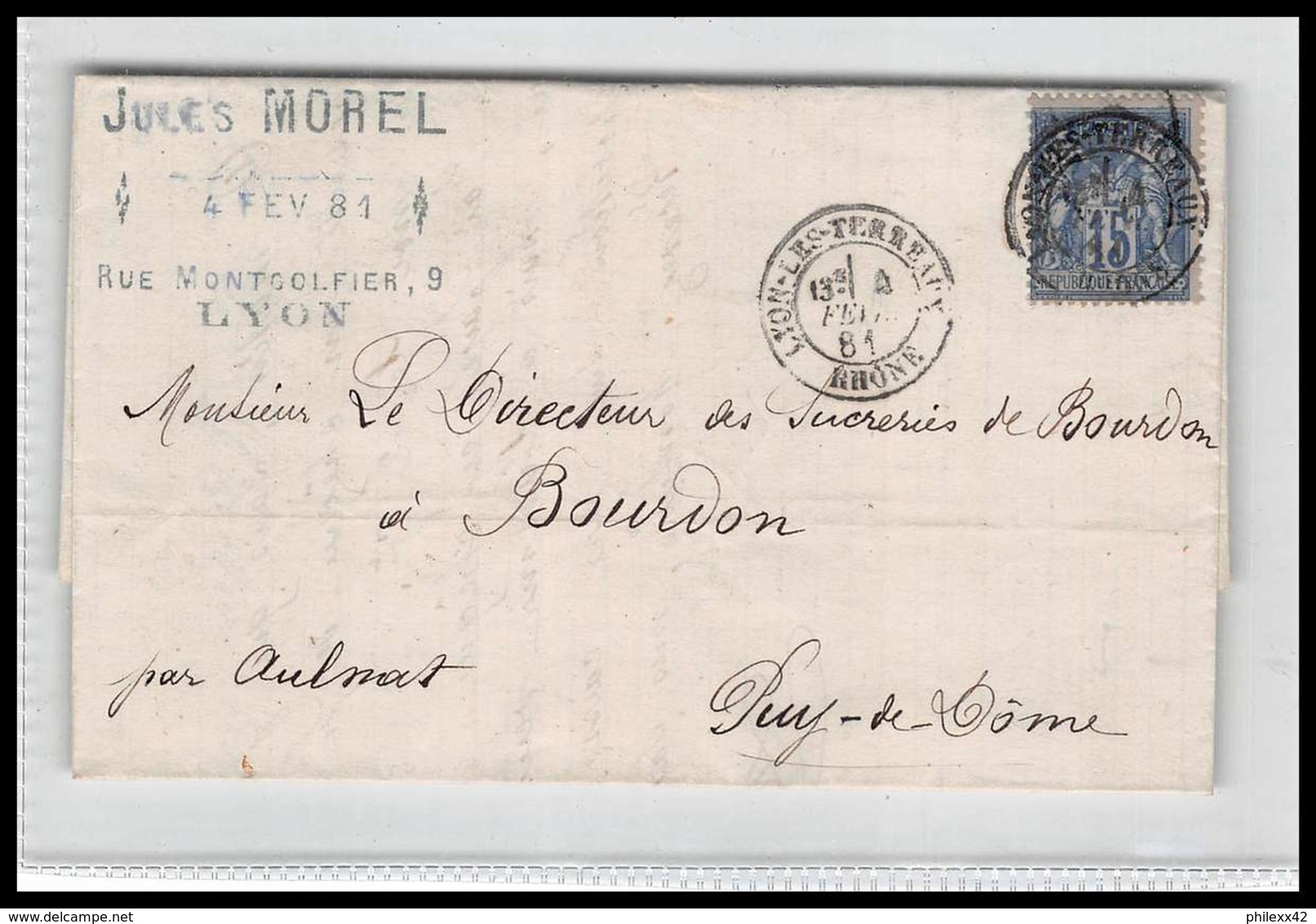 LAC Lettre Cover France 1477 Rhone Sage N°90 Lyon LES TERREAUX Pour BOURDON Aulnat Puy De Dome 4/2/1881 - 1877-1920: Semi-Moderne