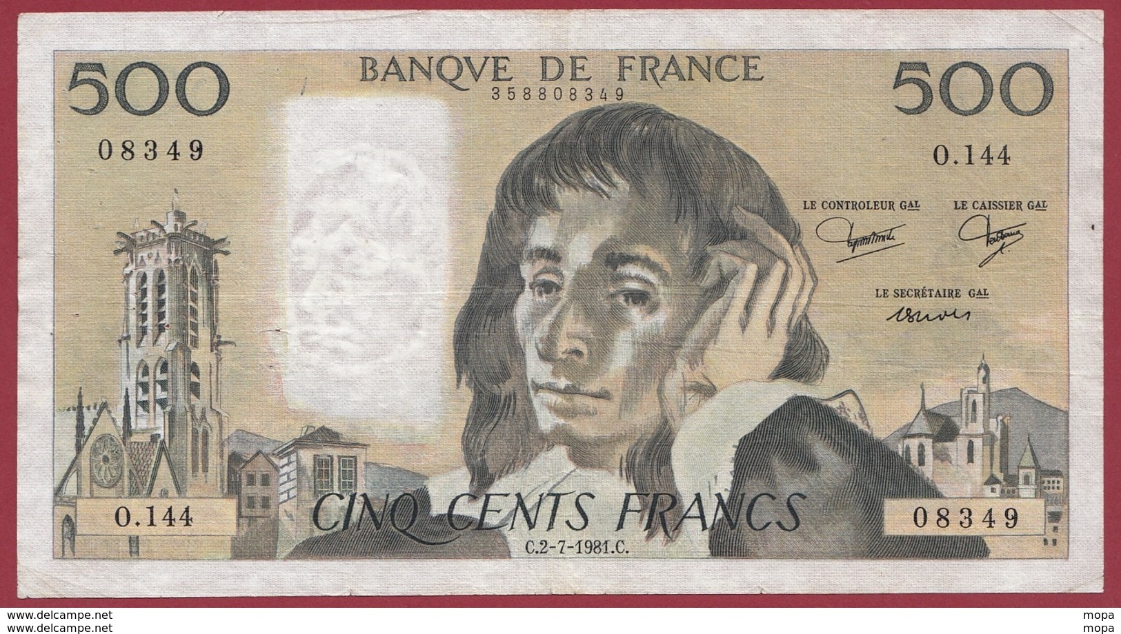 500 Francs "Pascal" Du 02/07/1981.C ----F/TTB+--ALPH.O.144 - 500 F 1968-1993 ''Pascal''