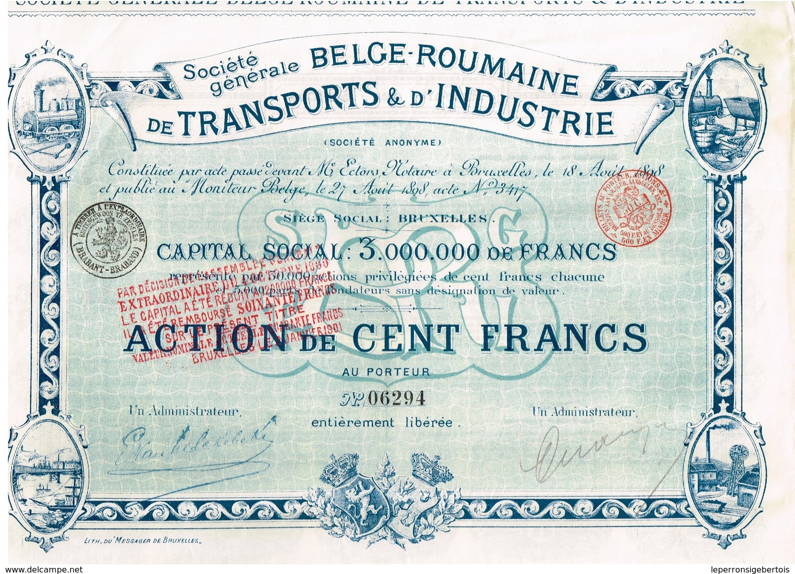 Titre Ancien - Société Générale Belge-Roumaine De Transports & D'Industrie - Société Anonyme -Titre De 1898 -  Déco - Transports