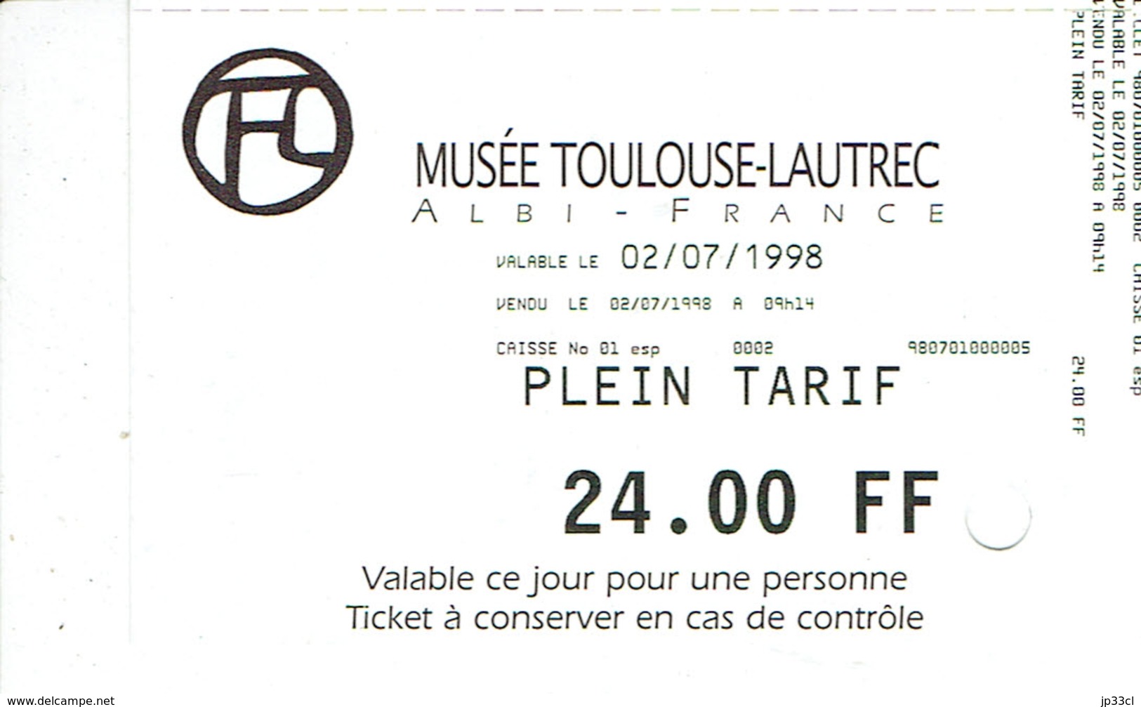 Ticket D'entrée Plein Tarif Au Musée Toulouse-Lautrec (Albi) 02/07/1998 - Eintrittskarten