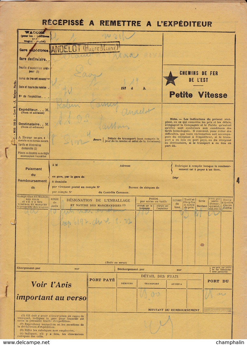 Chemins De Fer De L'Est & SNCF - 3 Documents Transport Marchandises De Andelot (52) à Crouy (02) - Années 1937 à 1939 - Transports