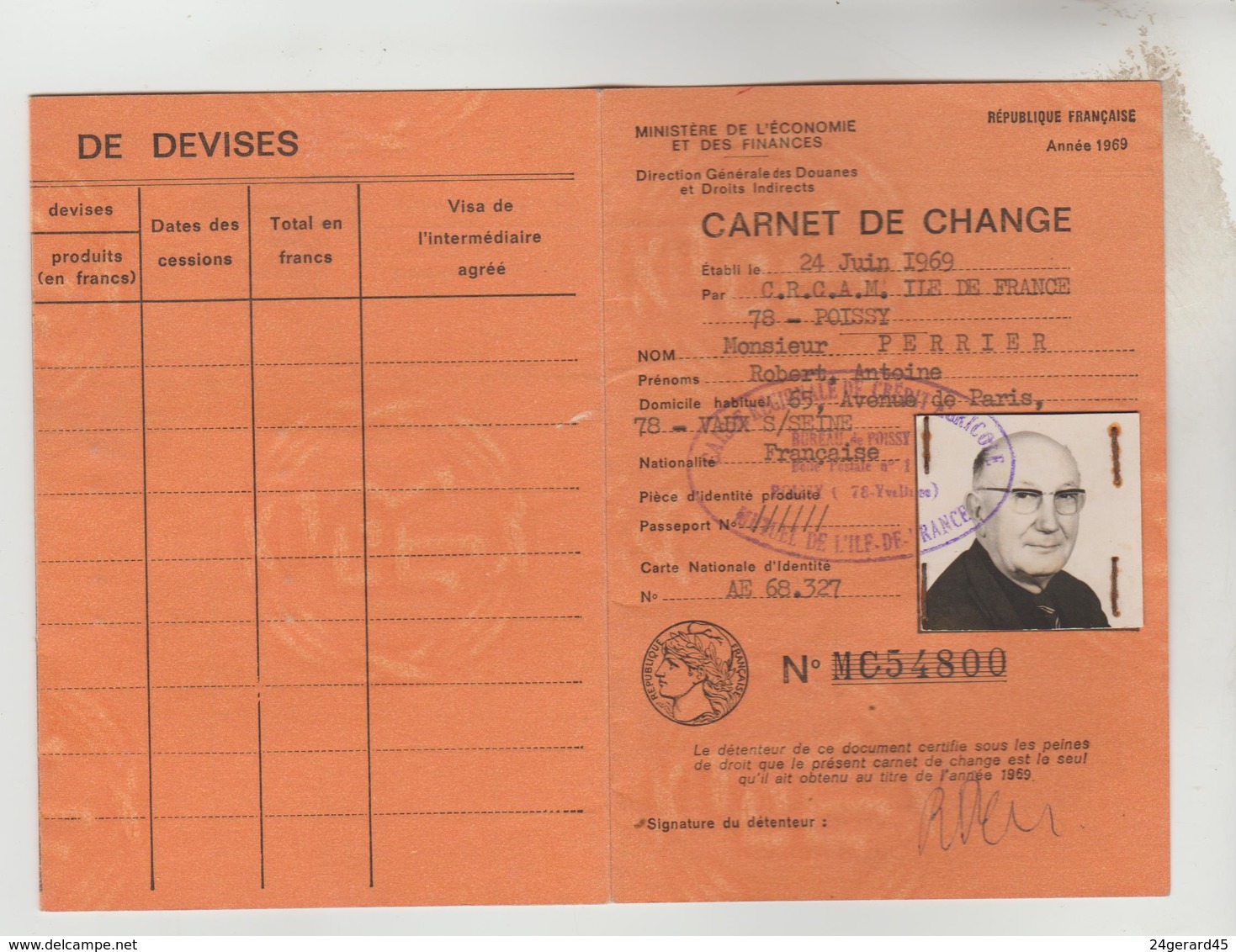 CARTE CARNET DE CHANGE N°MC54800 ETABLI LE 24/06/1969 CRCAM ILE DE FRANCE POISSY - Autres & Non Classés