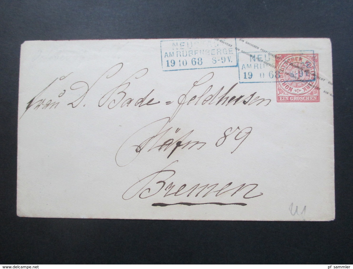 Altdeutschland NDP 1868 GA Umschlag U1 Blauer Stempel Ra3 Neustadt Am Rübenberge (2x) Rückseitig Blauer Ausgabe Stempel - Ganzsachen