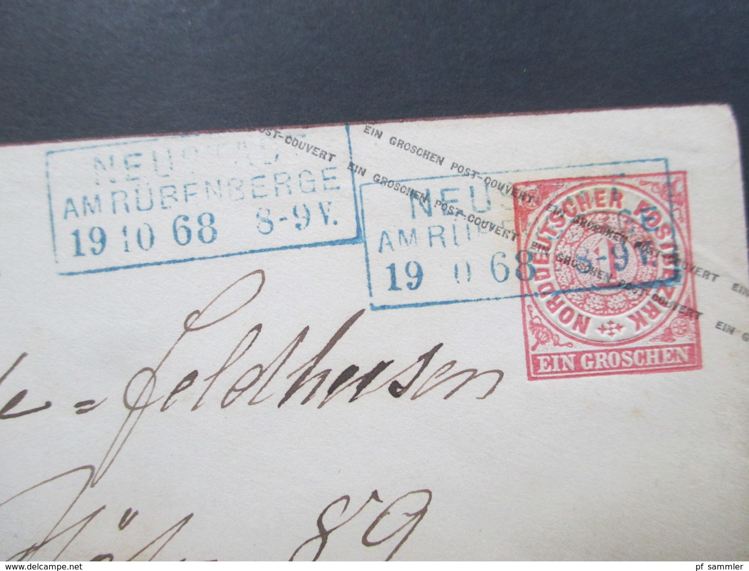 Altdeutschland NDP 1868 GA Umschlag U1 Blauer Stempel Ra3 Neustadt Am Rübenberge (2x) Rückseitig Blauer Ausgabe Stempel - Ganzsachen