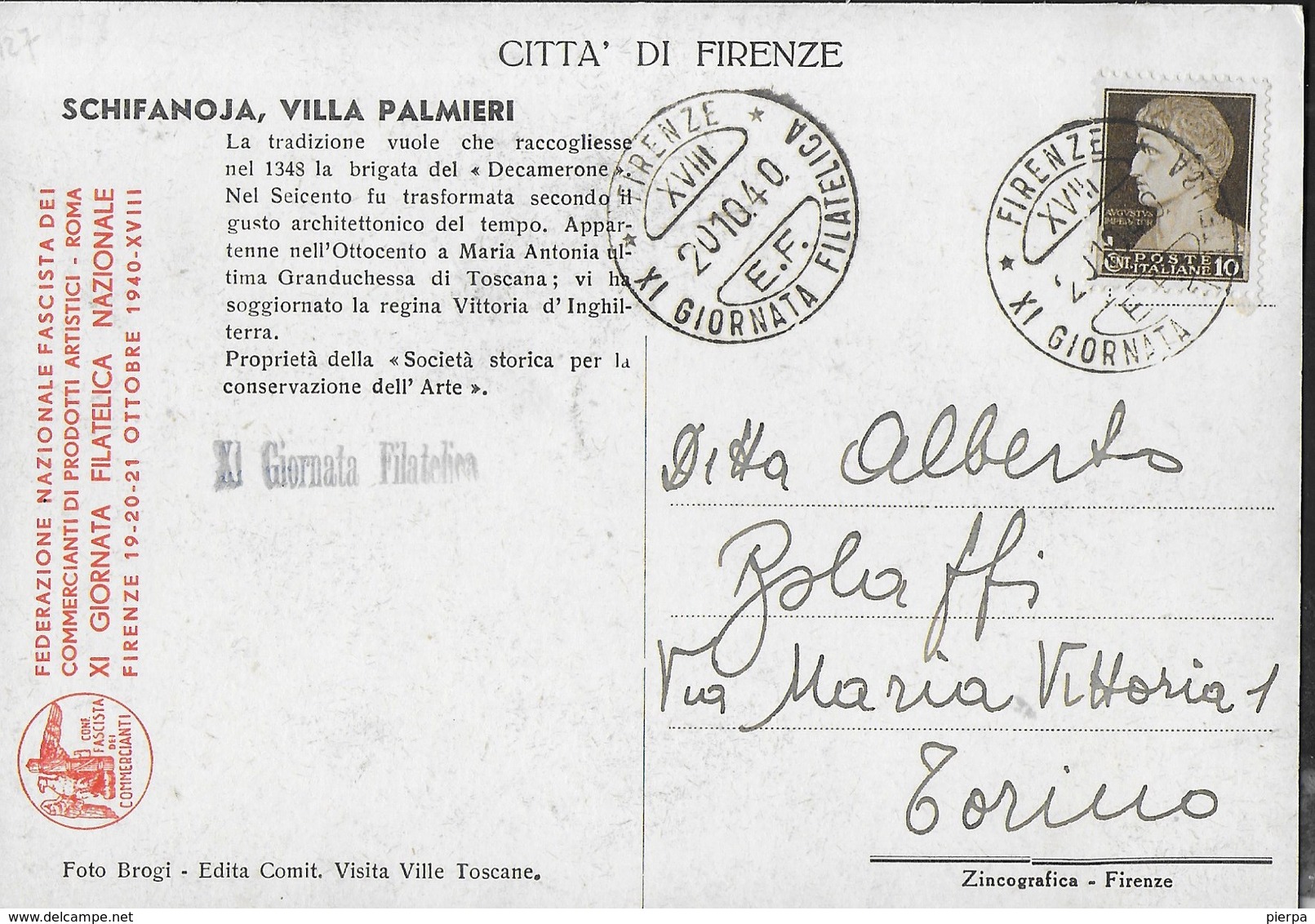 ANNULLO SPECIALE - FIRENZE - XI GIORNATA FILATELICA - 20.10.1940 SU CARTOLINA VILLA PALMIERI SCHIFANOJA - Giornata Del Francobollo